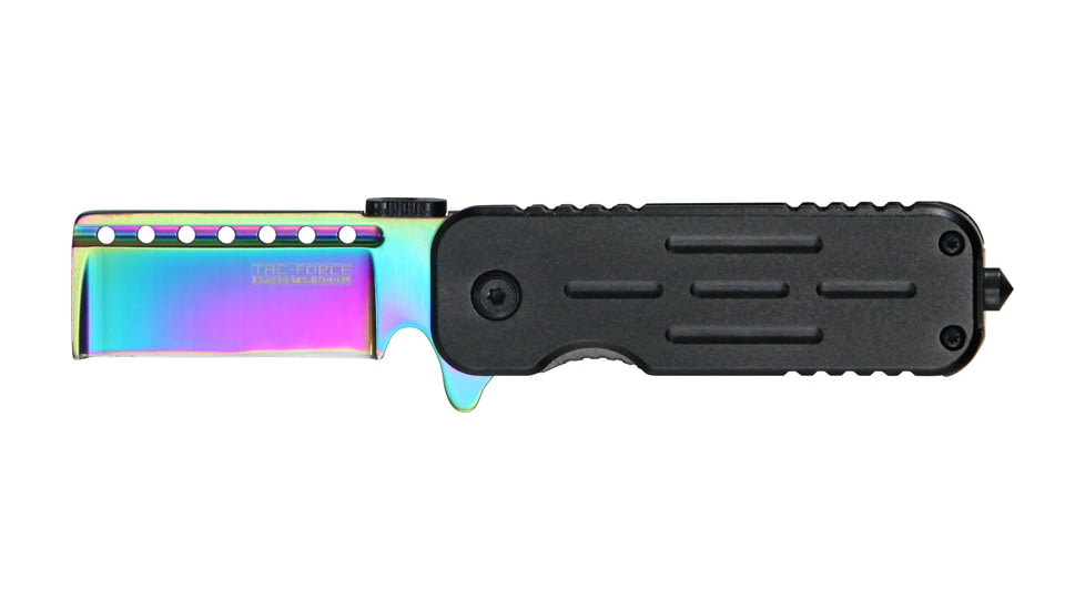 Tac Force Speed Lock Fold Knife 3.5in, rainbow 440 SS A/O razor blade, Black Alum. handle TF748RBR
