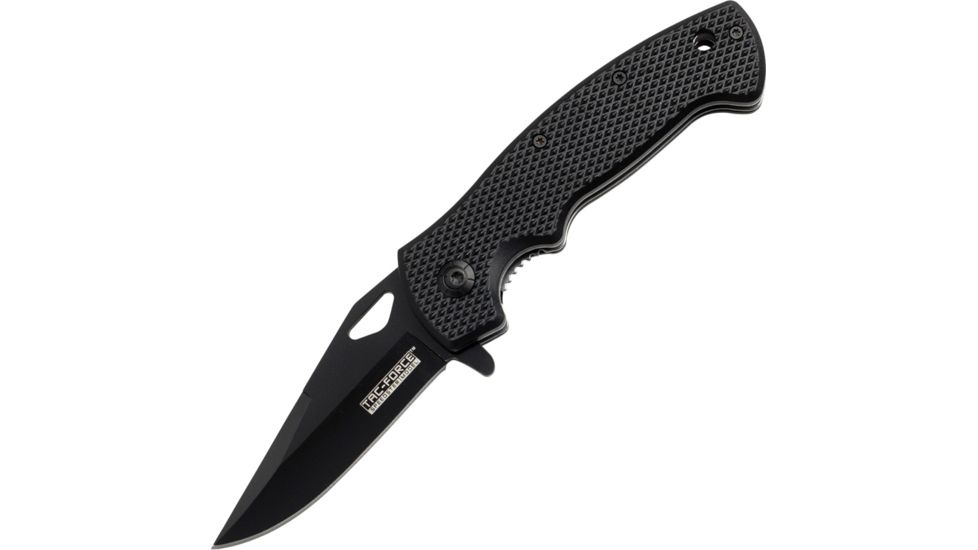 Tac Force Speed Lock Fold Knife 4.5in, black 440 SS A/O blade, Black checkered Comp. handle TF765BK