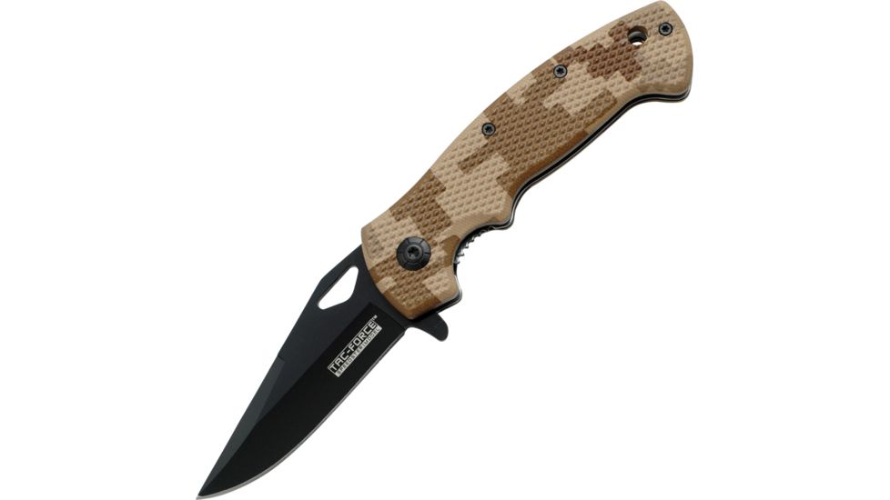 Tac Force Speed Lock Fold Knife 4.5in, black 440 SS A/O blade, Checkered desert tan Digi camo Comp. handle TF765DM