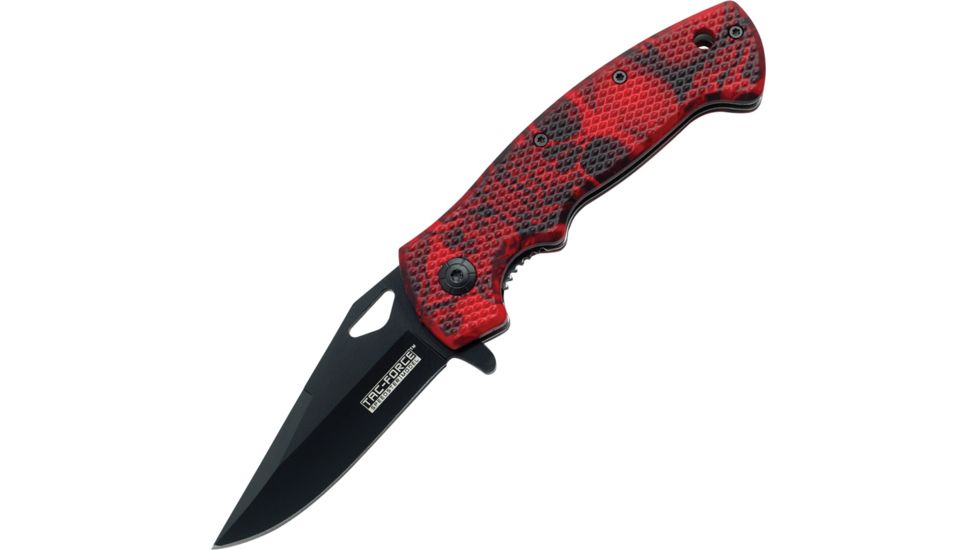 Tac Force Speed Lock Fold Knife 4.5in, black 440 SS A/O blade, Checkered red/black camo Comp. handle TF765RC