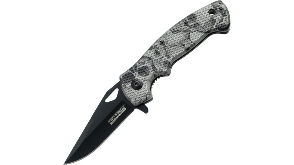 Tac Force Speed Lock Fold Knife 4.5in, black 440 SS A/O blade, Checkered snow camo silver, gray and black Comp. TF765SC