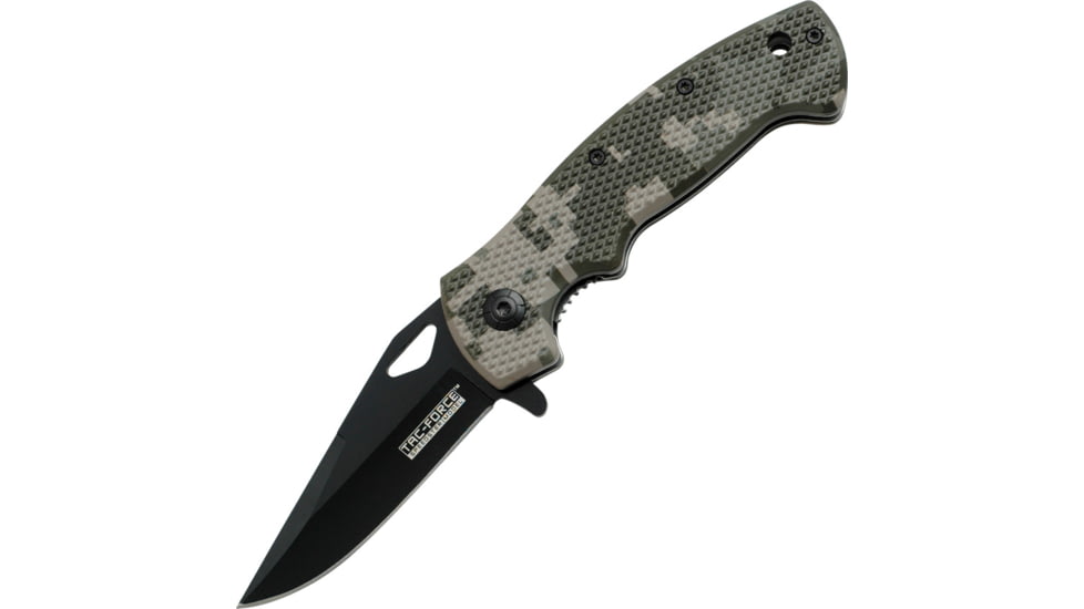 Tac Force Speed Lock Fold Knife 4.5in, black 440 SS A/O blade, Green/gray Digi camo checkered Comp. handle TF765DG