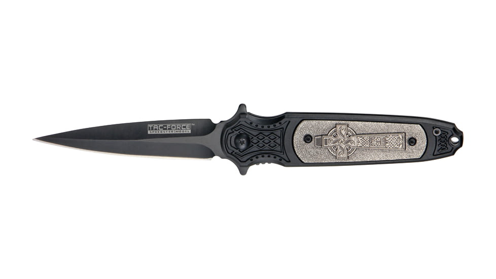 Tac Force Speed Lock Fold Knife 4.5in, black SS A/O single edge dagger blade, handle has antique silver plate onlay w/ sculpted  TF750C