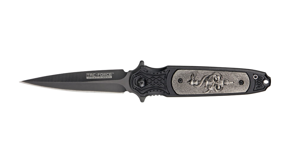 Tac Force Speed Lock Fold Knife 4.5in, black SS A/O single edge dagger blade, handle has antique silver plate onlay w/ sculpted  TF750S