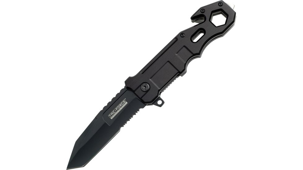 Tac Force Speed Rescue Fold Knife, black 440 SS A/O PS blade, Black Alum. handles w/ CO slot TF766B