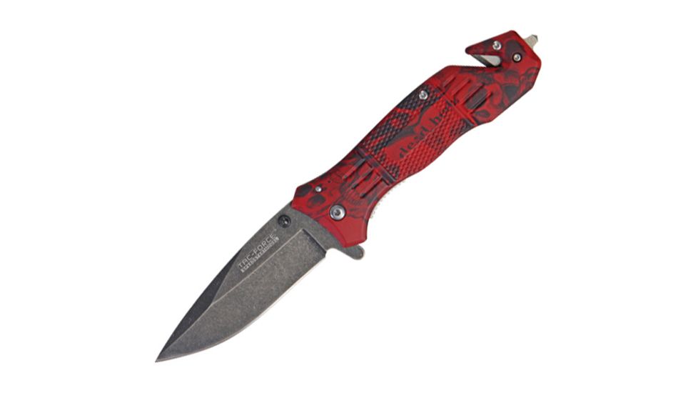 Tac Force Speedster Rescue Lin Folding Knife,3.375in,Assisted Opening Blade,Red Skull Camo Textured Alum Handle TF434RSC