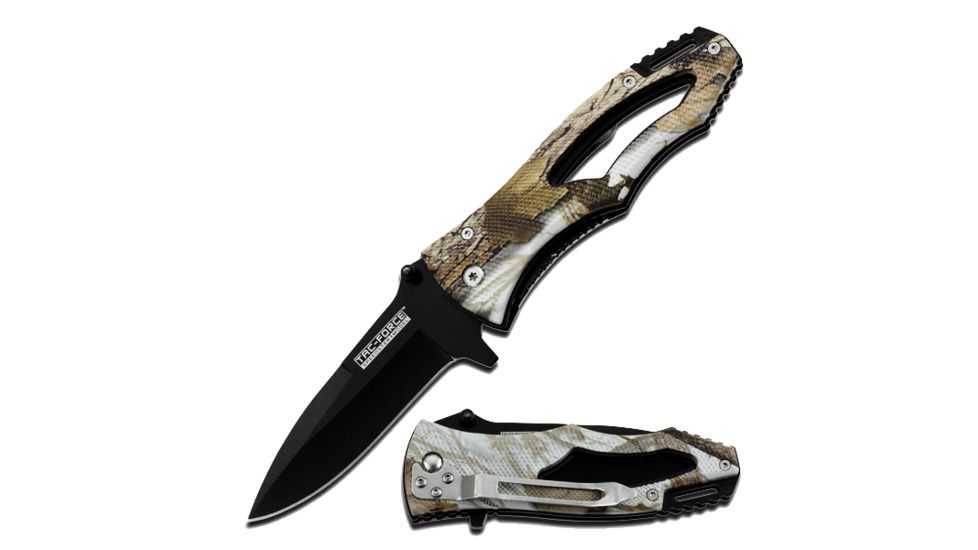 TAC Force Spring Assist Black S.S. Blade; Camo ABS Handle; with Clip, Camo TF 401CA