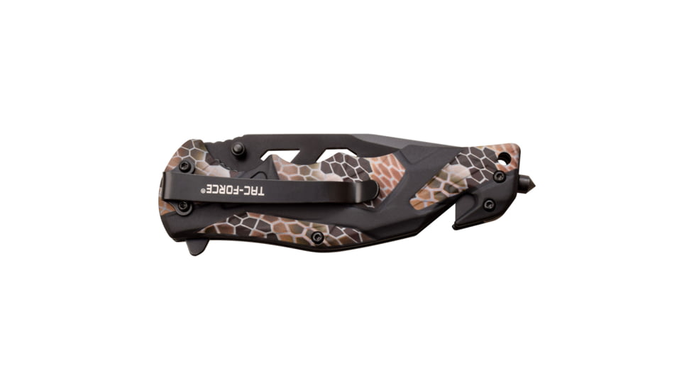TAC Force Spring Assisted Knife w/Cutter and Glass Breaker, 3.5 in, 3Cr13 Stainless Steel Stainless Steel, Drop Point, Camo/Black, TF-1021CA