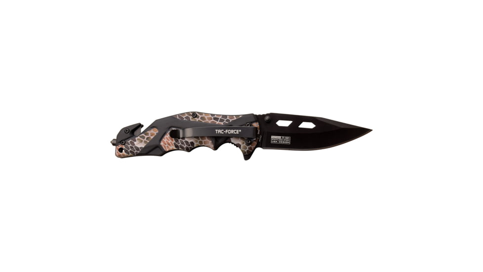 TAC Force Spring Assisted Knife w/Cutter and Glass Breaker, 3.5 in, 3Cr13 Stainless Steel Stainless Steel, Drop Point, Camo/Black, TF-1021CA