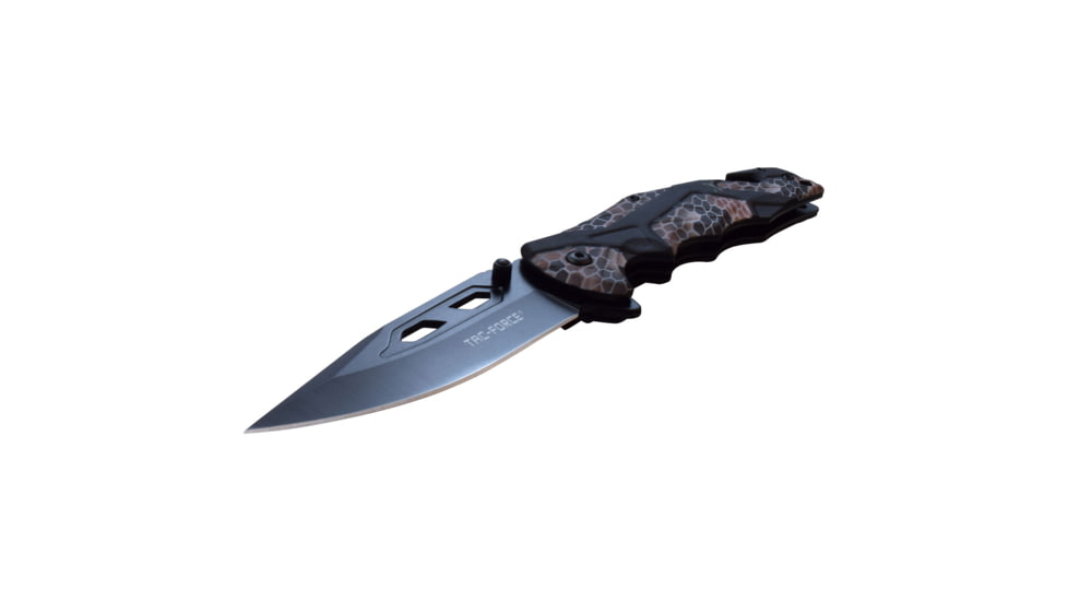 TAC Force Spring Assisted Knife w/Cutter and Glass Breaker, 3.5 in, 3Cr13 Stainless Steel Stainless Steel, Drop Point, Camo/Black, TF-1021CA