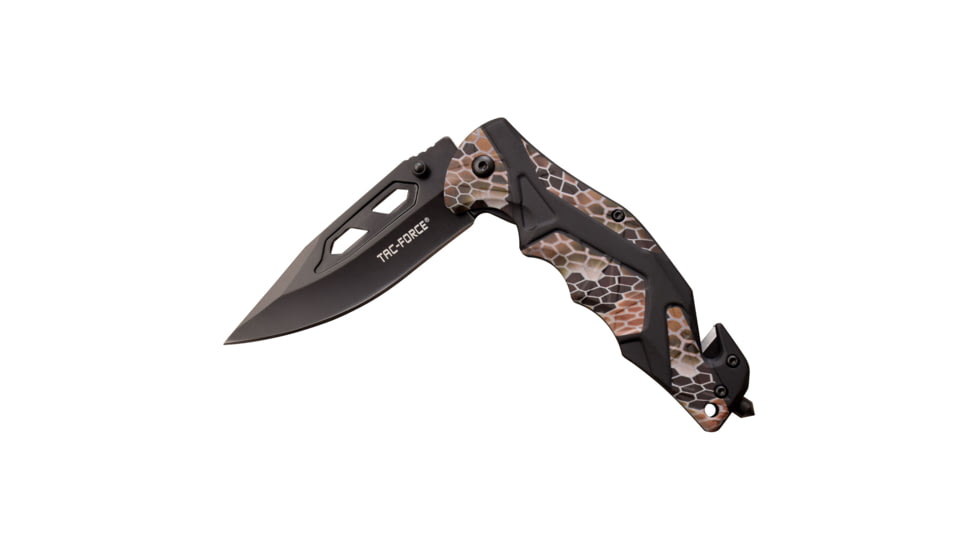 TAC Force Spring Assisted Knife w/Cutter and Glass Breaker, 3.5 in, 3Cr13 Stainless Steel Stainless Steel, Drop Point, Camo/Black, TF-1021CA