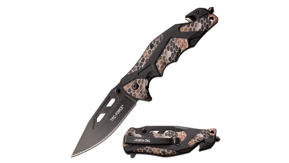 TAC Force Spring Assisted Knife w/Cutter and Glass Breaker, 3.5 in, 3Cr13 Stainless Steel Stainless Steel, Drop Point, Camo/Black, TF-1021CA