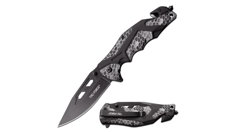 TAC Force Spring Assisted Knife w/Cutter and Glass Breaker, 3.5 in, 3Cr13 Stainless Steel Stainless Steel, Drop Point, Grey/Black, TF-1021GY