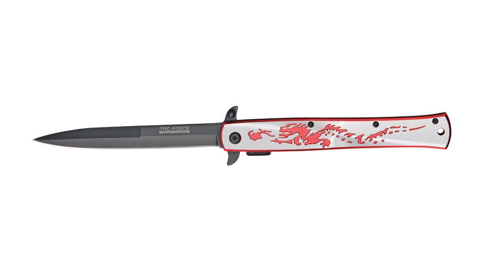 Tac Force Stiletto Fold Knife, black HC SS stilettoblade, Anodized Alum. handles w/ dragon laser CO TF724RD