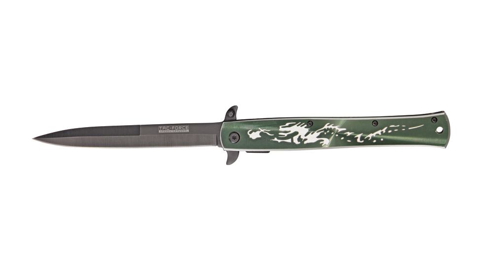 Tac Force Stiletto Fold Knife, black HC SS stilettoblade, Anodized Alum. handles w/ dragon laser CO TF724SL
