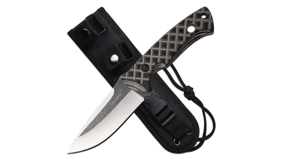 Tac Force Fixed Blade Knive, 4in Blade, Stonewashed Finish, 3CR13 Steel Blade Knive, Black/Tan, TF-FIX008TN