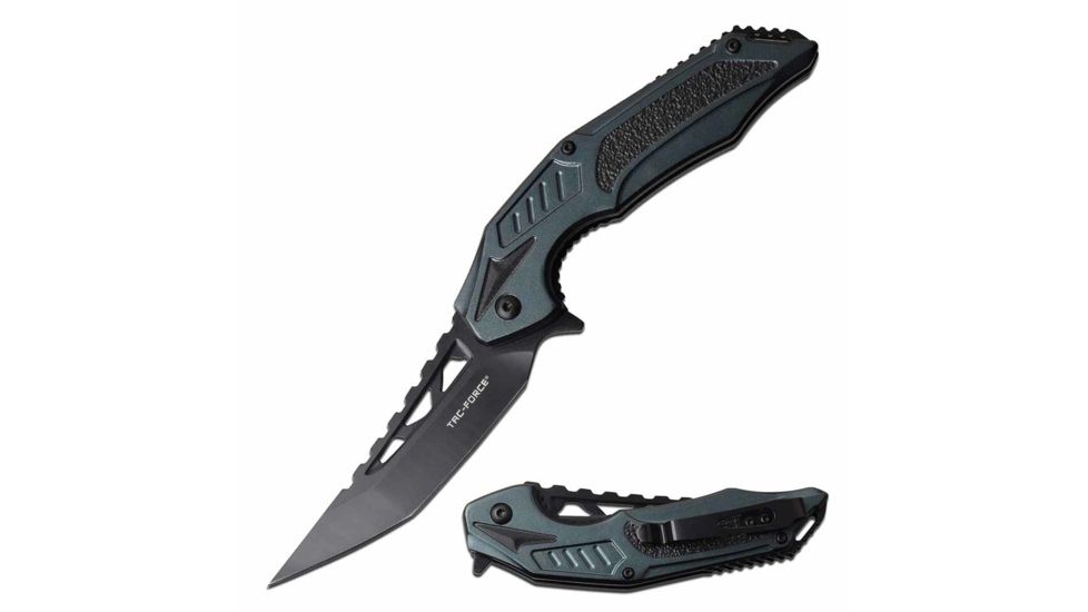 TAC Force TF-1003BL Spring Assisted Knife, 3.6in, 3CR13 Stainless Steel, Tanto, Black Blade, Aluminum Handle, Blue/Black, TF-1003BL