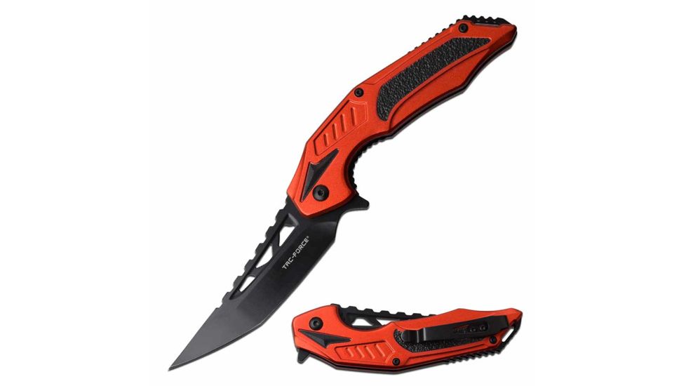 TAC Force TF-1003RD Spring Assisted Knife, 3.6in, 3CR13 Stainless Steel, Tanto, Black Blade, Aluminum Handle, Red/Black, TF-1003RD