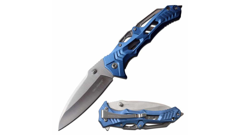 TAC Force TF-1005BL Spring Assisted Knife, 3.75in, 3CR13 Stainless Steel, Spear Point, Black Blade, Aluminum Handle, Blue, TF-1005BL