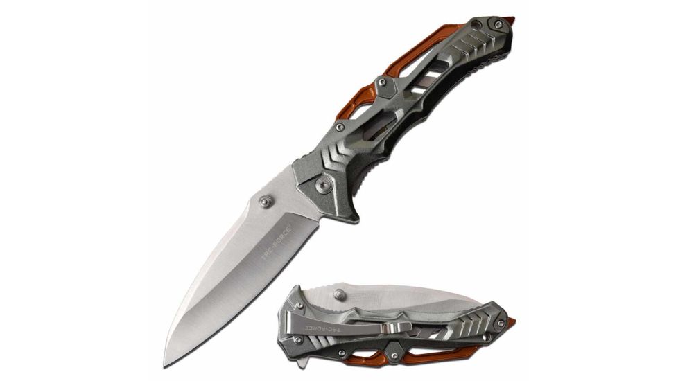 TAC Force TF-1005GOR Spring Assisted Knife, 3.75in, 3CR13 Stainless Steel, Spear Point, Black Blade, Aluminum Handle, Gray/Orange, TF-1005GOR