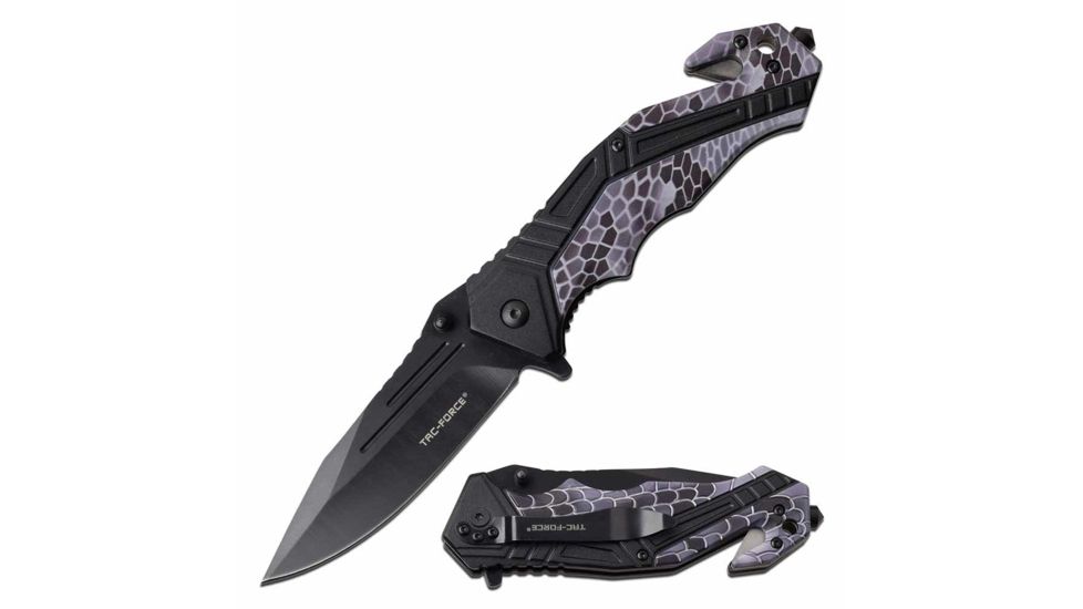 TAC Force TF-1006BK Spring Assisted Knife, 3.5in, 3CR13 Stainless Steel, Spear Point, Black Blade, Aluminum Handle, Black/Camo, TF-1006BK