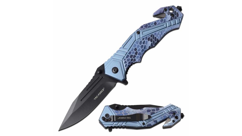 TAC Force TF-1006BL Spring Assisted Knife, 3.5in, 3CR13 Stainless Steel, Spear Point, Black Blade, Aluminum Handle, Blue/Camo, TF-1006BL