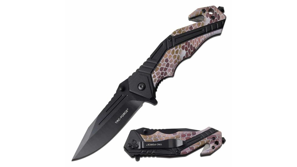 TAC Force TF-1006CA Spring Assisted Knife, 3.5in, 3CR13 Stainless Steel, Spear Point, Black Blade, Aluminum Handle, Black/Brown Camo, TF-1006CA