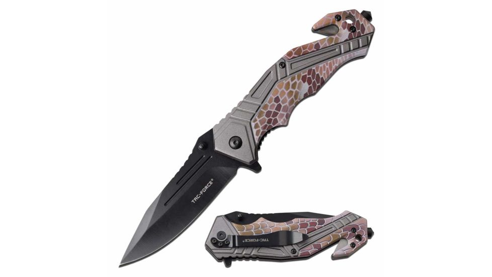 TAC Force TF-1006GY Spring Assisted Knife, 3.5in, 3CR13 Stainless Steel, Spear Point, Black Blade, Aluminum Handle, Gray/Brown Camo, TF-1006GY