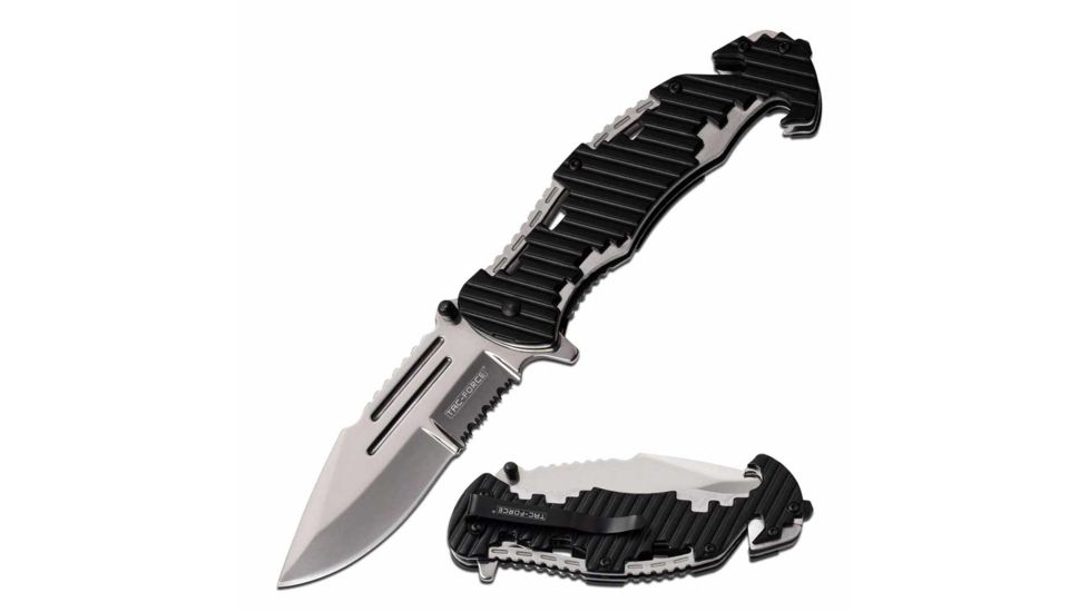 TAC Force TF-932ST Spring Assisted Knife, 3.6in, Stainless Steel, Spear Point, Half-Serrated, Polished Blade, Stainless Steel Handle, Black, TF-932ST