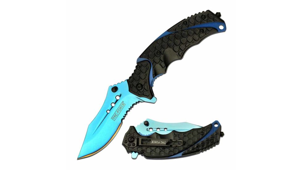 TAC Force TF-943BB Spring Assisted Knife, 3.75in, 3CR13 Stainless Steel, Recurved, Half-Serrated, Blue Blade, Aluminum Handle, Black, TF-943BB