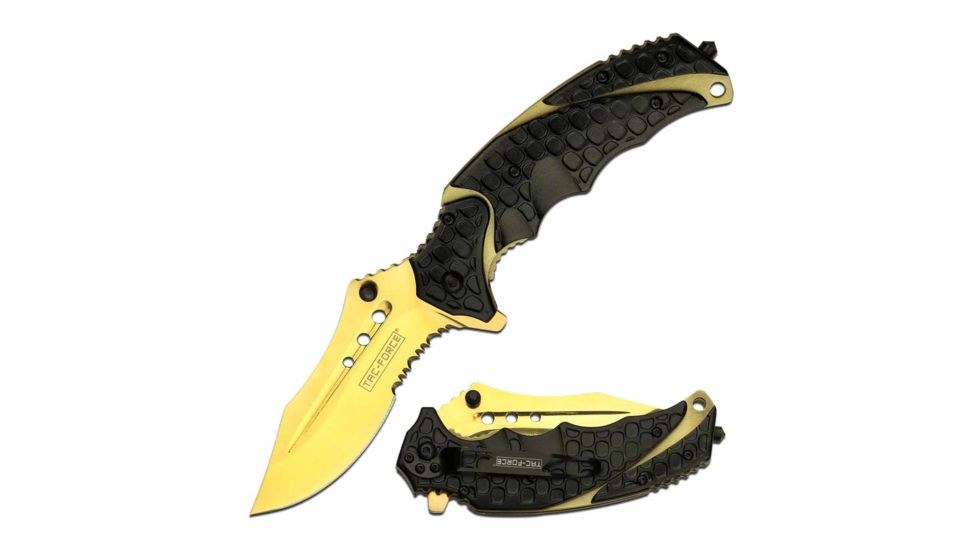 TAC Force TF-943BG Spring Assisted Knife, 3.75in, 3CR13 Stainless Steel, Recurved, Half-Serrated, Golden Blade, Aluminum Handle, Black, TF-943BG