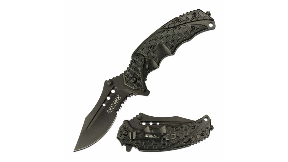 TAC Force TF-943BK Spring Assisted Knife, 3.75in, 3CR13 Stainless Steel, Recurved, Half-Serrated, Black Blade, Aluminum Handle, Black, TF-943BK