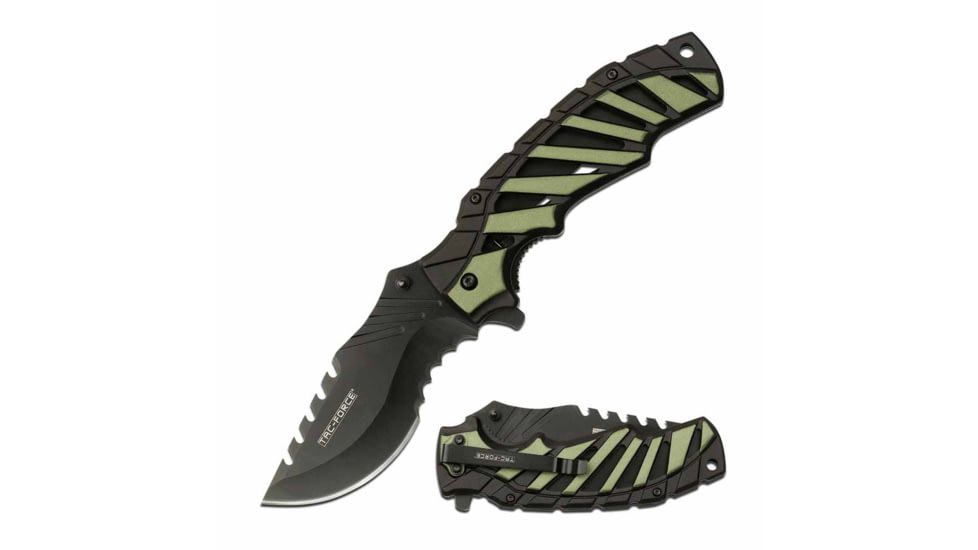 TAC Force TF-944GN Spring Assisted Knife, 3.75in, 3CR13 Stainless Steel, Recurved, Half-Serrated, Black Blade, Aluminum Handle, Black/Green, TF-944GN
