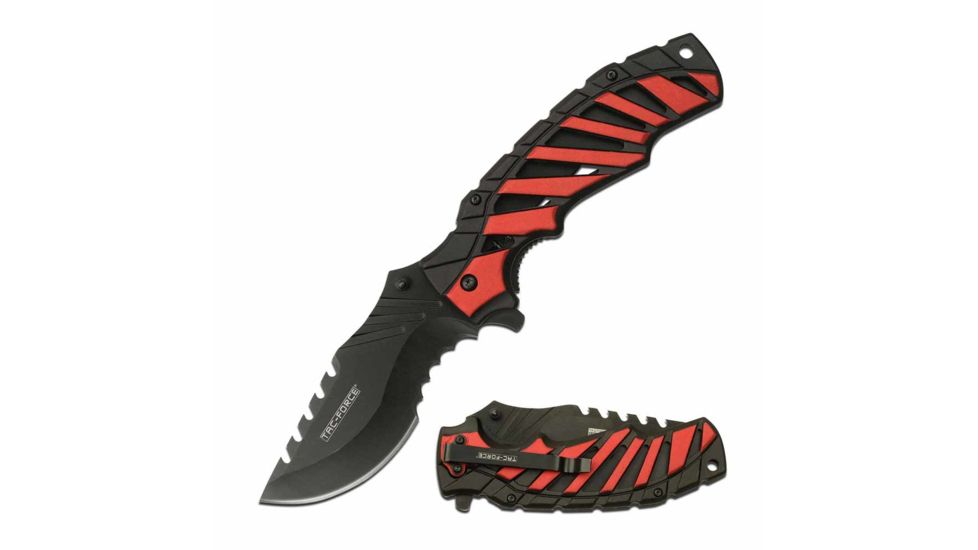 TAC Force TF-944RD Spring Assisted Knife, 3.75in, 3CR13 Stainless Steel, Recurved, Half-Serrated, Black Blade, Aluminum Handle, Black/Red, TF-944RD