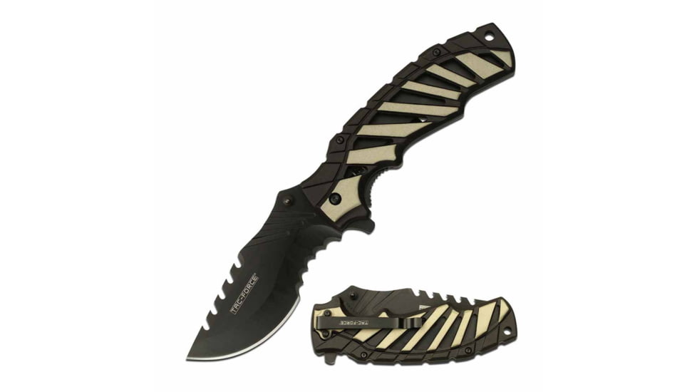 TAC Force TF-944TN Spring Assisted Knife, 3.75in, 3CR13 Stainless Steel, Recurved, Half-Serrated, Black Blade, Aluminum Handle, Black/Tan, TF-944TN