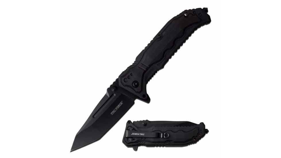 TAC Force TF-950BK Spring Assisted Knife, 3.75in, 3CR13 Stainless Steel, Tanto, Black Blade, Nylon Fiber/Rubber Handle, Black, TF-950BK