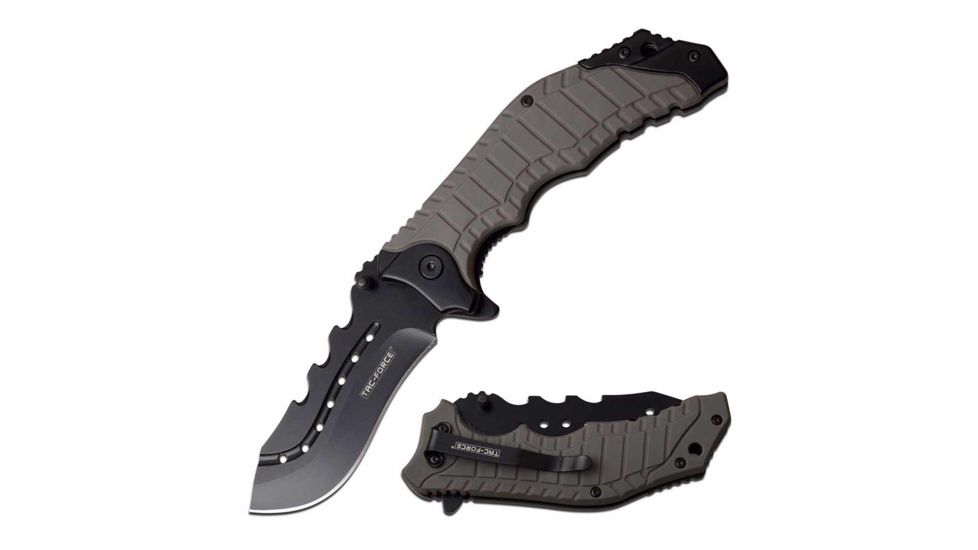TAC Force TF-953GY Spring Assisted Knife, 3.5in, 3CR13 Stainless Steel, Recurved, Black Blade, Stainless Steel/Nylon Fiber Handle, Gray, TF-953GY
