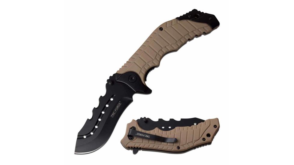 TAC Force TF-953TN Spring Assisted Knife, 3.5in, 3CR13 Stainless Steel, Recurved, Black Blade, Stainless Steel/Nylon Fiber Handle, Tan, TF-953TN