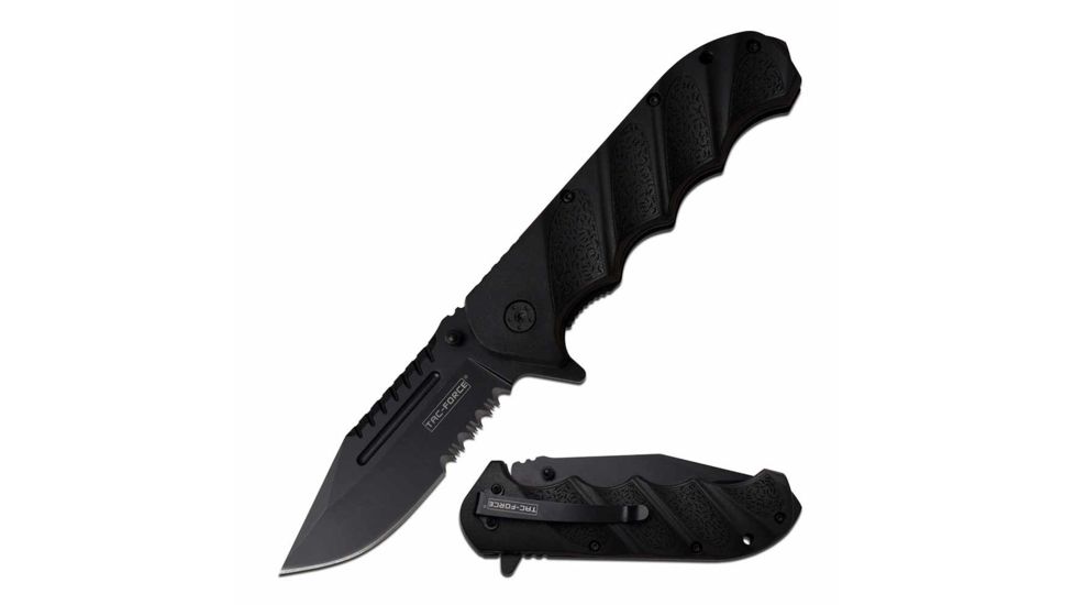 TAC Force TF-956BKS Spring Assisted Knife, 3.6in, 3CR13 Stainless Steel, Spear Point, Half-Serrated, Black Blade, Nylon Fiber Handle, Black, TF-956BKS