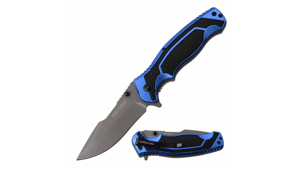TAC Force TF-960BL Spring Assisted Knife, 3.5in, 3CR13 Stainless Steel, Harpoon Point, Beadblasted Blade, Aluminum Handle, Blue/Black, TF-960BL