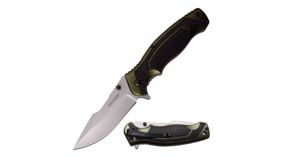 TAC Force TF-960GN Spring Assisted Knife, 3.5in, 3CR13 Stainless Steel, Harpoon Point, Beadblasted Blade, Aluminum Handle, Green/Black, TF-960GN