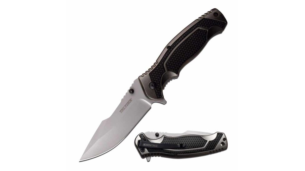 TAC Force TF-960GY Spring Assisted Knife, 3.5in, 3CR13 Stainless Steel, Harpoon Point, Beadblasted Blade, Aluminum Handle, Gray/Black, TF-960GY