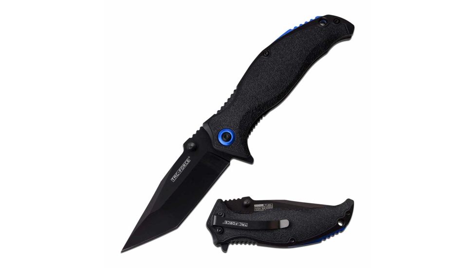 TAC Force TF-964TBK Spring Assisted Knife, 3.5in, 3CR13 Stainless Steel, Tanto, Black Blade, Nylon Fiber Handle, Black/Blue, TF-964TBK
