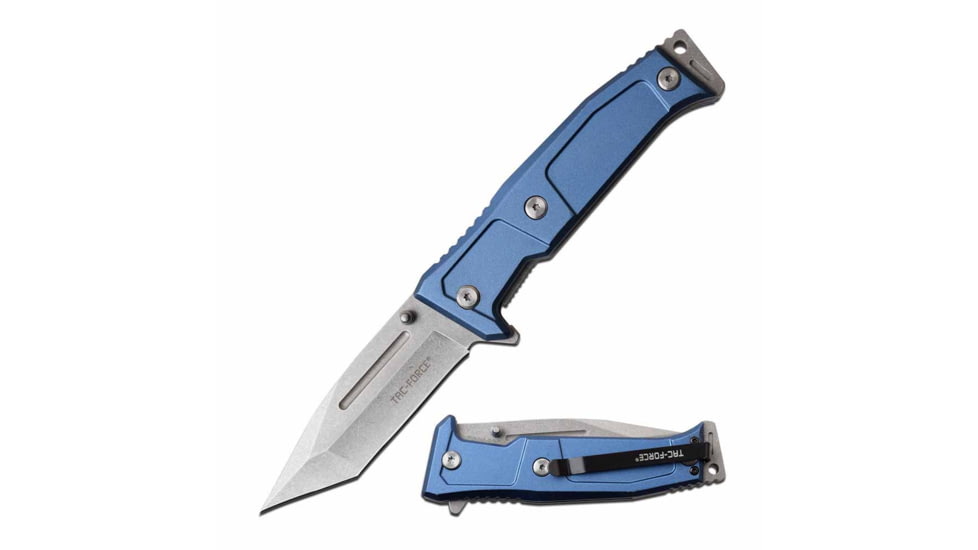TAC Force TF-969BL Spring Assisted Knife, 3.6in, 3CR13 Stainless Steel, Modified Tanto, Stonewashed Blade, Aluminum Handle, Blue, TF-969BL