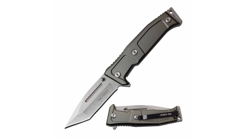 TAC Force TF-969GY Spring Assisted Knife, 3.6in, 3CR13 Stainless Steel, Modified Tanto, Stonewashed Blade, Aluminum Handle, Gray, TF-969GY