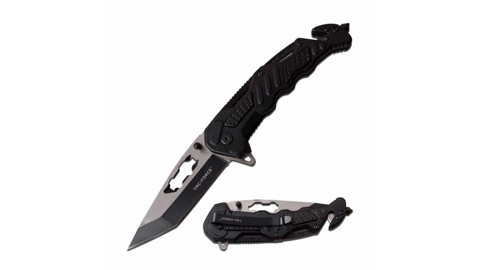 TAC Force TF-970BK Spring Assisted Knife, 3.5in, 3CR13 Stainless Steel, Tanto, Black/Steel Blade, Aluminum Handle, Black, TF-970BK