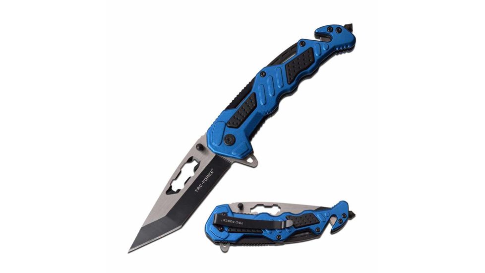 TAC Force TF-970BL Spring Assisted Knife, 3.5in, 3CR13 Stainless Steel, Tanto, Black/Steel Blade, Aluminum Handle, Blue, TF-970BL