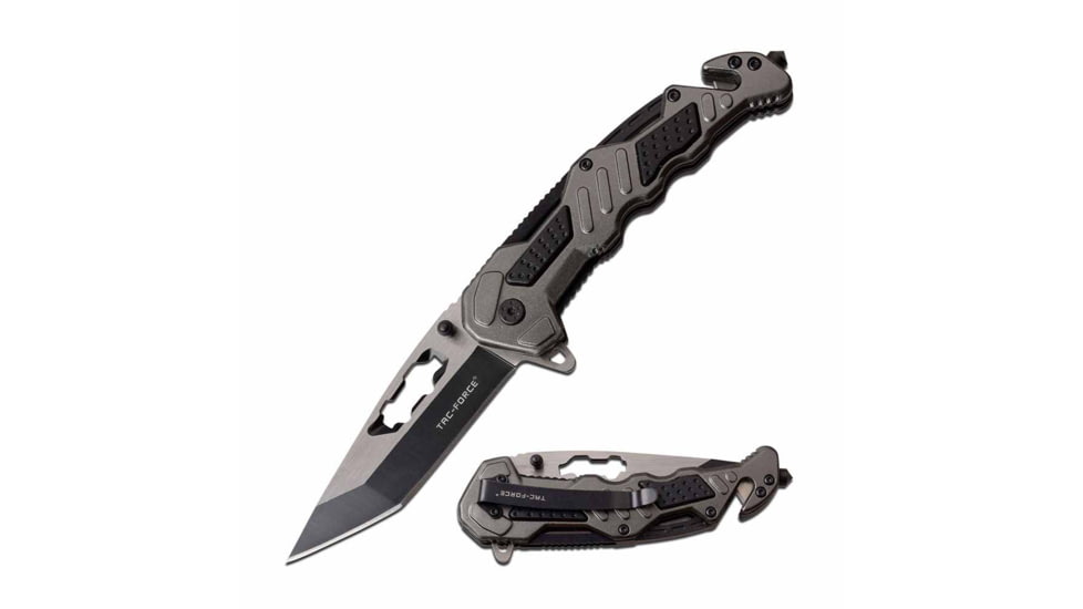 TAC Force TF-970GY Spring Assisted Knife, 3.5in, 3CR13 Stainless Steel, Tanto, Black/Steel Blade, Aluminum Handle, Gray, TF-970GY