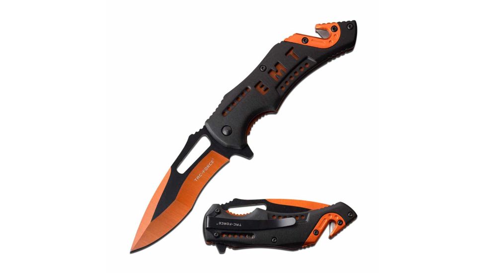 TAC Force TF-976EM Spring Assisted Knife, 3.5in, 3CR13 Stainless Steel, Recurved, Orange Blade, Aluminum Handle, Black/Orange, TF-976EM