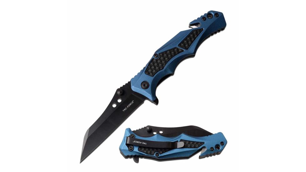 TAC Force TF-978BL Spring Assisted Knife, 3.25in, 3CR13 Stainless Steel, Reversed Tanto, Black Blade, Aluminum Handle, Blue, TF-978BL
